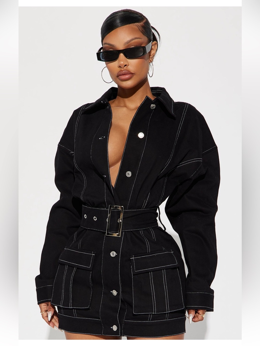 Fashion Nova Black Belted Denim Jacket Dress with White Stitching - Picture 2 of 4